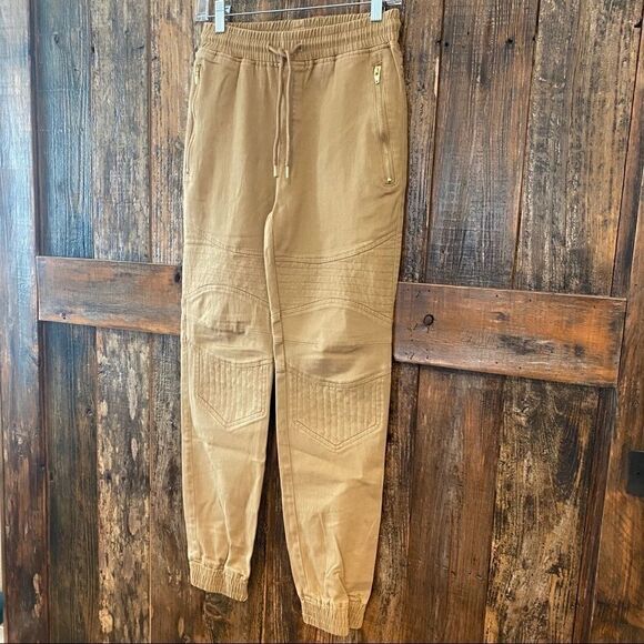 NX3 S Khaki HipHop Dance Baggy Waist Tie Padded Knee Stretch Cuffed Pants - Picture 3 of 9